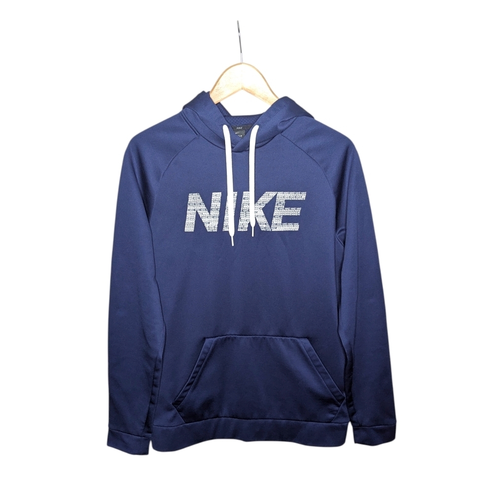 Nike Hoodie Mens Medium Blue Dri-FIT Athletic Pullover Lightweight Spellout Logo
